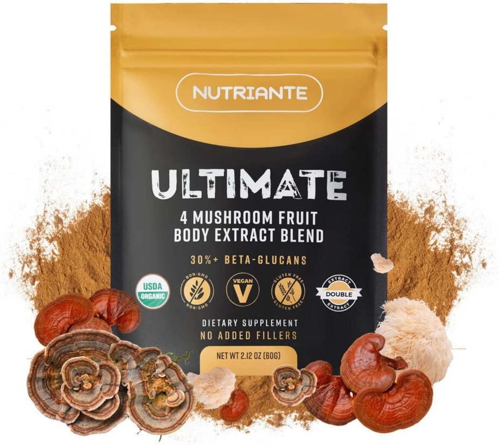 Ultimate Mushroom Master Blend Powder - Double- Extrahered, 4 Mushroom Complex med Reishi, Lion 's Mane, Tyrkiet Tail, og Cordyceps - immunforsvar supplement til optimal sundhed, 2.12 oz