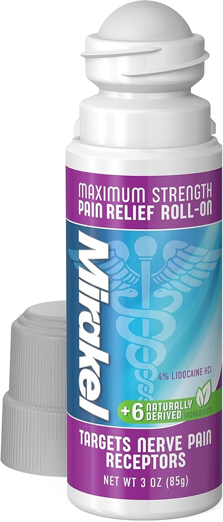 MIRAKEL nerve smertelindring Rollon, maksimal styrke Lidocain til lindring af smerte i tæer, fødder, fingre, hænder, ben og arme, 3 oz