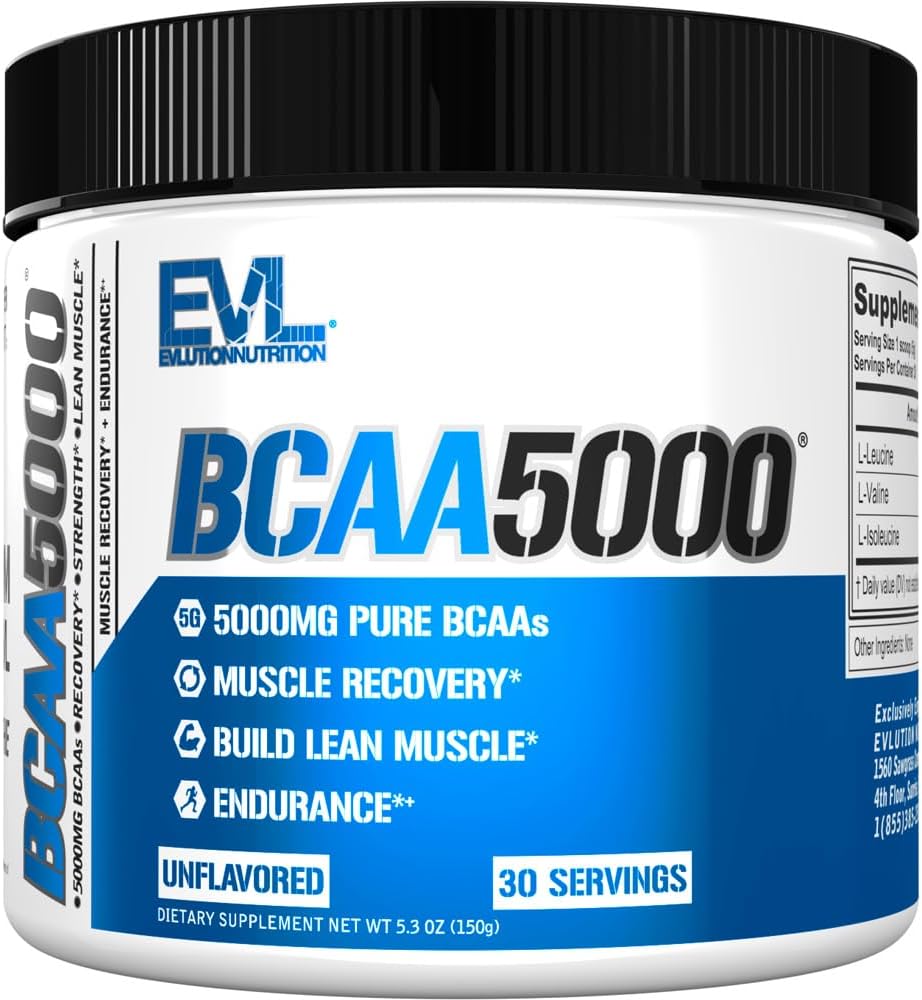 Evolution EVL BCAAs Aminosyrer Pulver - BCAA Powder Post Workout Recovery Drink and Stim Free Pre Workout Energy - 5g forgrenet kæde Aminosyrer Supplement for mænd - Unflavored