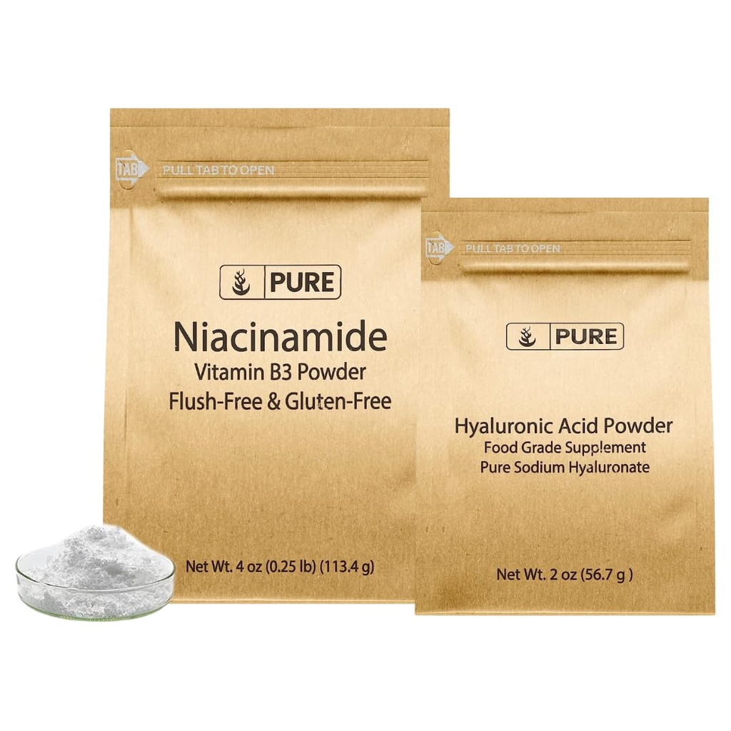 PURE ORIGINALSKE INGREDIENSER Hyaluronsyre og niacinamid Bundle, Forskellige størrelser, Flush- Free, Fine Powders