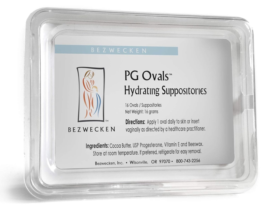 Bezwecken - PG Ovals - 16 ovale suppositorier - samme betroede formel, ny forbedret form - Professionelt formeret til at legitimere vaginal tørhed hos kvinder i alle aldre - Progesteron-kun alternativ