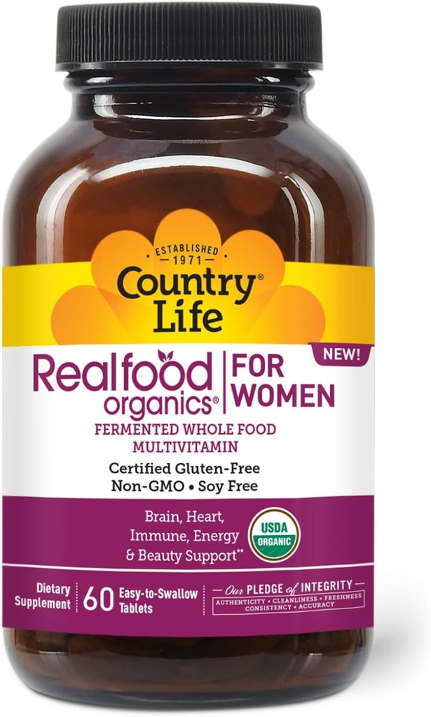 Country Life Realfood Organics Women 's Multivitamin - USDA Organic, Vegan, Gluten- Free - 1.300mg Gæret Hel fødevarer, Vitamin D, E, B, Folate & Biotin - Daily Energy & Beauty - 60 tabletter