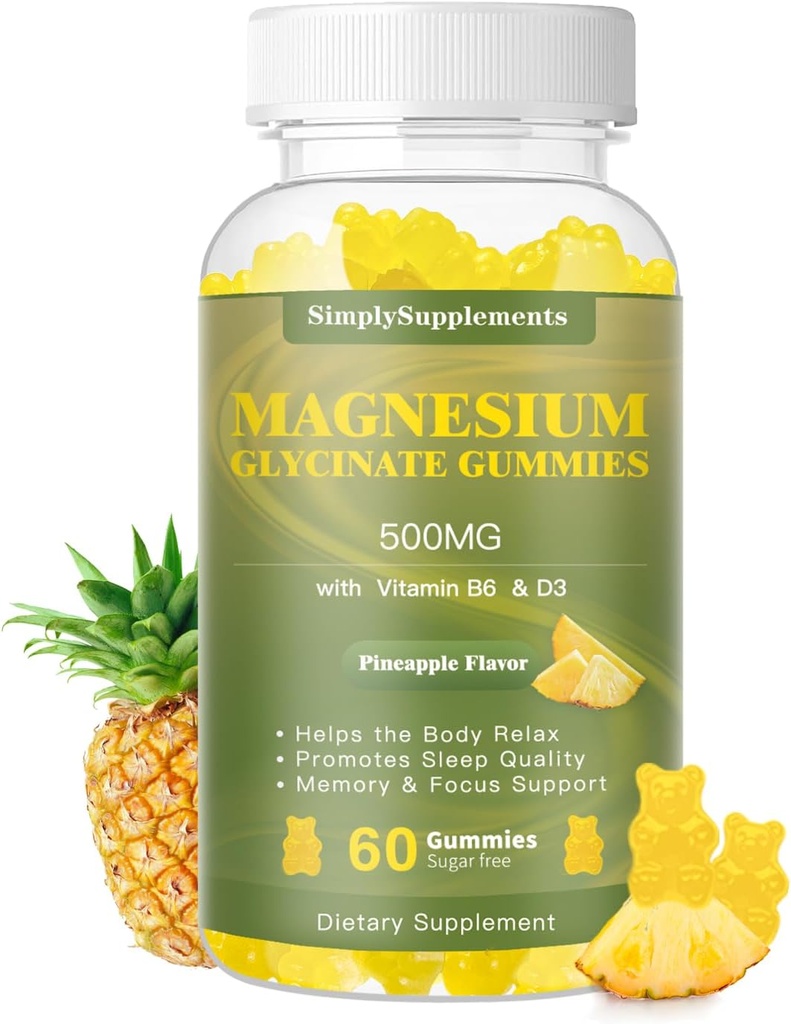 Magnesium Glycinat Gummies 500 mg, tyggetabletter Magnesium tillæg med vitamin D3, B6, CoQ10, til afslapning, søvn & mood support, rolig Magnesium Gummy - 60 Ananas Gummies