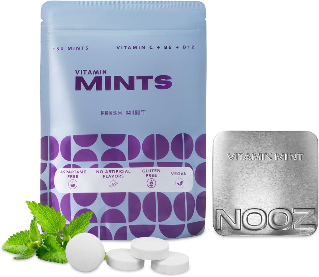 NOOZ Vitamin Mints - Immunitet & Vitality - Genopfriskende Mint Flavor Meter 124; Sugar- Free, Vitality- Boosting Kosttilskud til Træthed Reduktion & Wellness - Non- GMO, 150 Mints Refill Bag