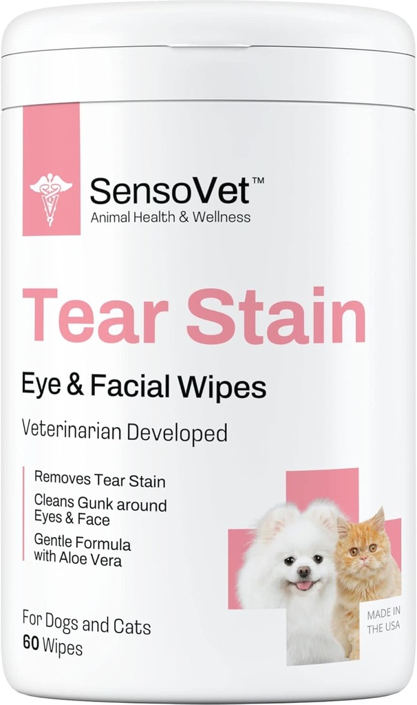 Tear Stain Remover Eye-servietter til hunde og katte, Cleans Eye Boogers og Gunk Decharge, Ansigtsrensning med Aloe Vera (Fragrance Free)