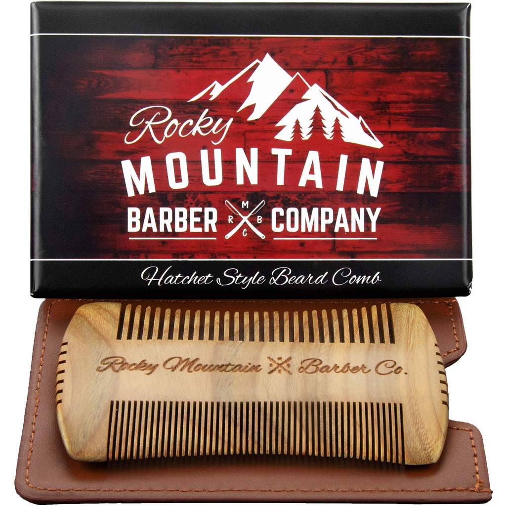 Beard Comb - Sandalwood Natural Hatchet Style for Hår - Anti- Statisk & Ingen Snag, Håndlavet Wide & Fine Tand Contour Brush Bedste til Beard & Moustache med bæretaske Pouch