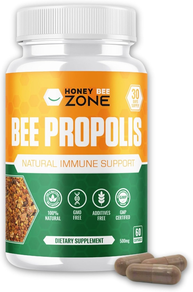 Bee Propolis Capsules - 100% Natural Energy and Immunity Support Supplement 124; Non- GMO, Gluten- Free, 60 Easy- to- Swallow Veggie Capsules