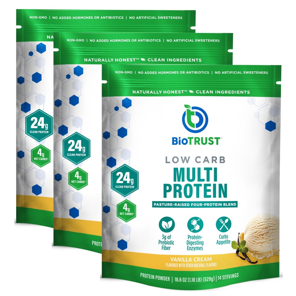 BioTrust Low Carb Protein Powder - Natural and Delicious Whey & Casein Blend fra Grass- Fed Hormone Free Cows - Ikke GMO, Soy Free, Gluten Free, Hormone Free (Vanilla, 3-Pack)