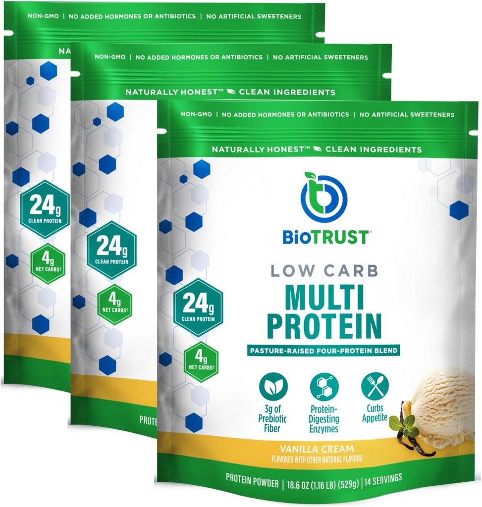 BioTrust Low Carb Protein Powder - Natural and Delicious Whey & Casein Blend fra Grass- Fed Hormone Free Cows - Ikke GMO, Soy Free, Gluten Free, Hormone Free (Vanilla, 3-Pack)