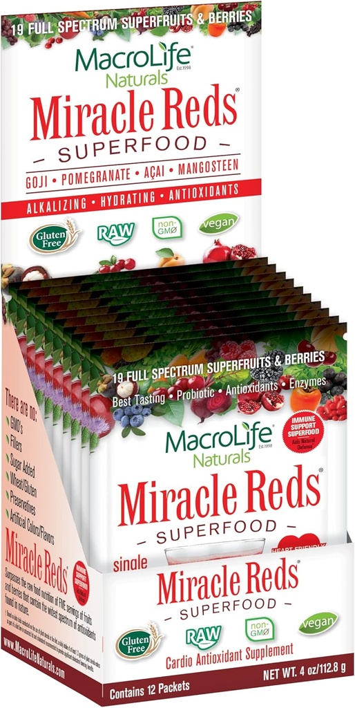 MacroLife Naturals Miracle Reds Superfood Supplement Powder Antioxidanter Polyphenoler Enzymes Probiotika - Raw Non- GMO Organic Vegan Gluten & Dairy Free (12 pakker)