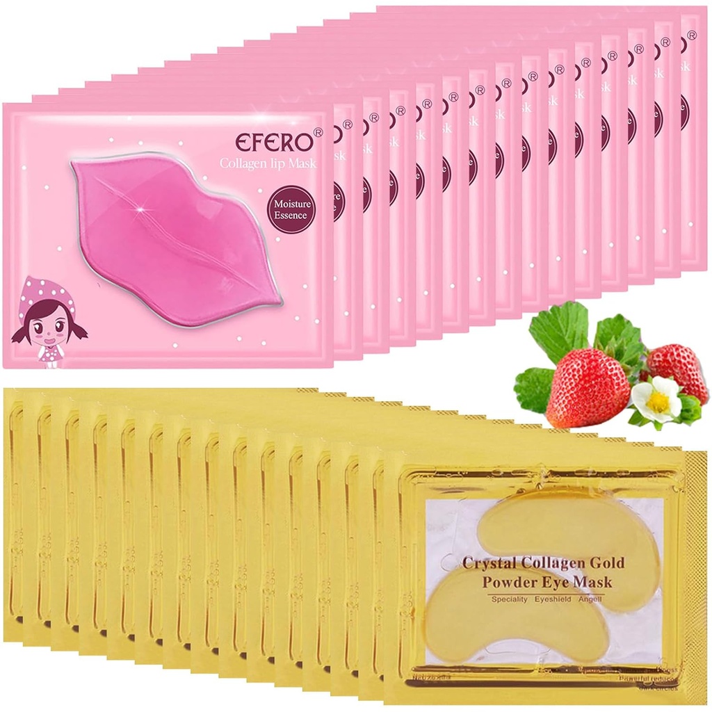 30 par Lip Mask & Under Eye Mask, 24K guld krystal Collagen under Eye Patches for Puffy Eyes, Lip Masker effektivt Nærmer Lip & Eye Skin, Eye Masker Reducere fine linjer & Dark Circle