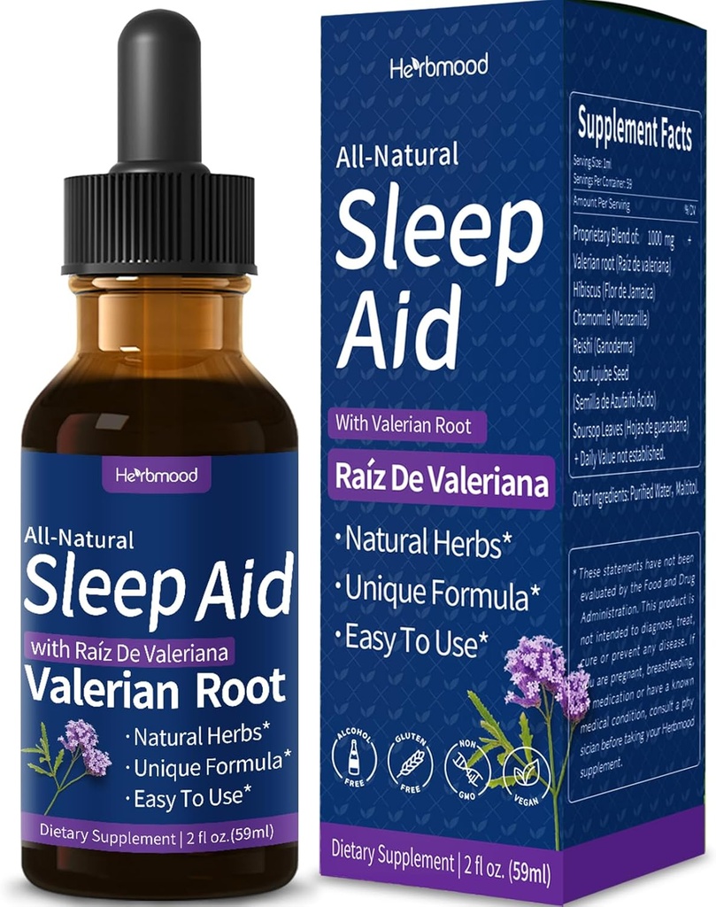 Valerian Root Sleep Support Drops, Gotas de Manzanilla y Flor de Jamaica y Valeriana para Dormir Profundamente, All- Nature Herbal Extract Liquid med Hibiscus & Kamille. 2oz