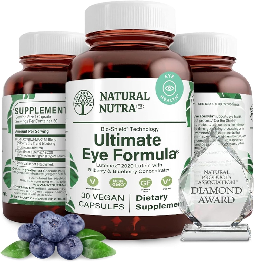 Naturlig Nutra Ultimate Eye Health Supplement - Bilberry & Blueberry Extract Blend for Day and Night Vision Support, fremmer farve perception & Eye Clarity - Non- GMO, Vegan - 30 kapsler (pakke af 2)