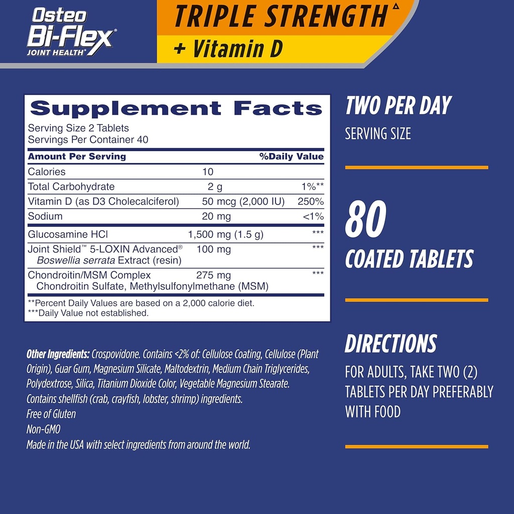 Osteo Bi- Flex Triple Strength (5) med D-vitamin Glucosamin Chondroitin Joint Health Supplement, overtrukne tabletter, 80 Greve (pakke med 2)