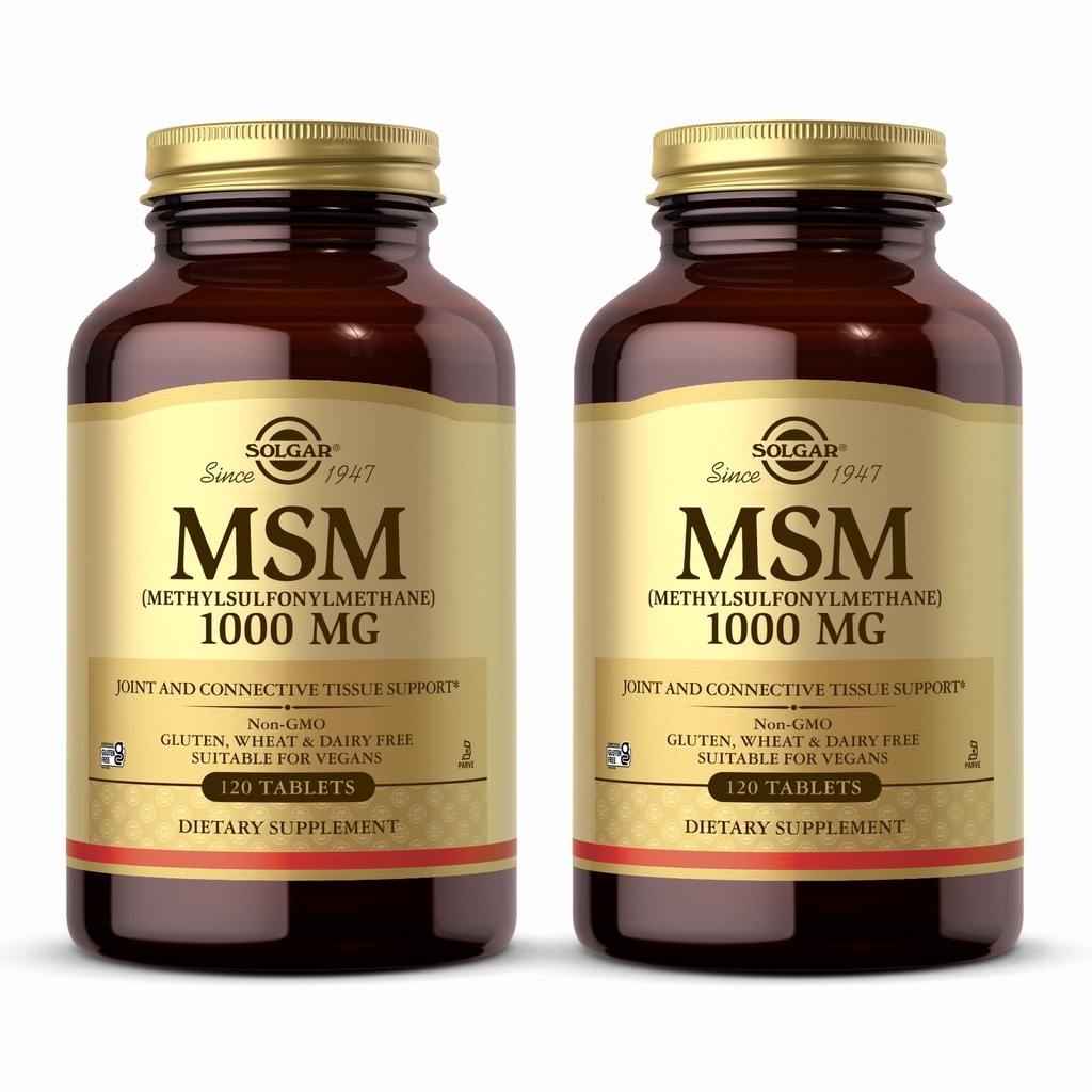 Solgar MSM 1000 mg - 120 Tablets, Pack of 2 - Understøtter Joints & Connective Tissue - Non-GMO, Vegan, Gluten Free, Dairy Free, Kosher - 240 Total Serveringer