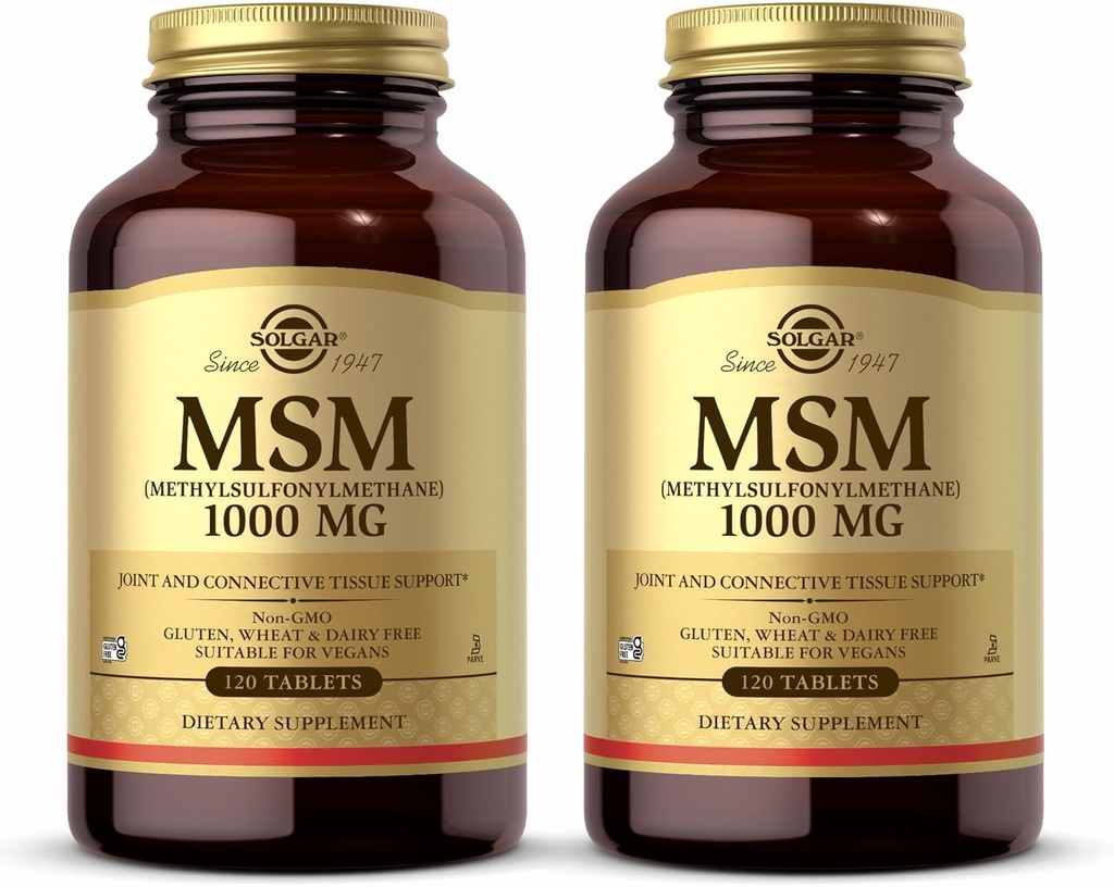 Solgar MSM 1000 mg - 120 Tablets, Pack of 2 - Understøtter Joints & Connective Tissue - Non-GMO, Vegan, Gluten Free, Dairy Free, Kosher - 240 Total Serveringer