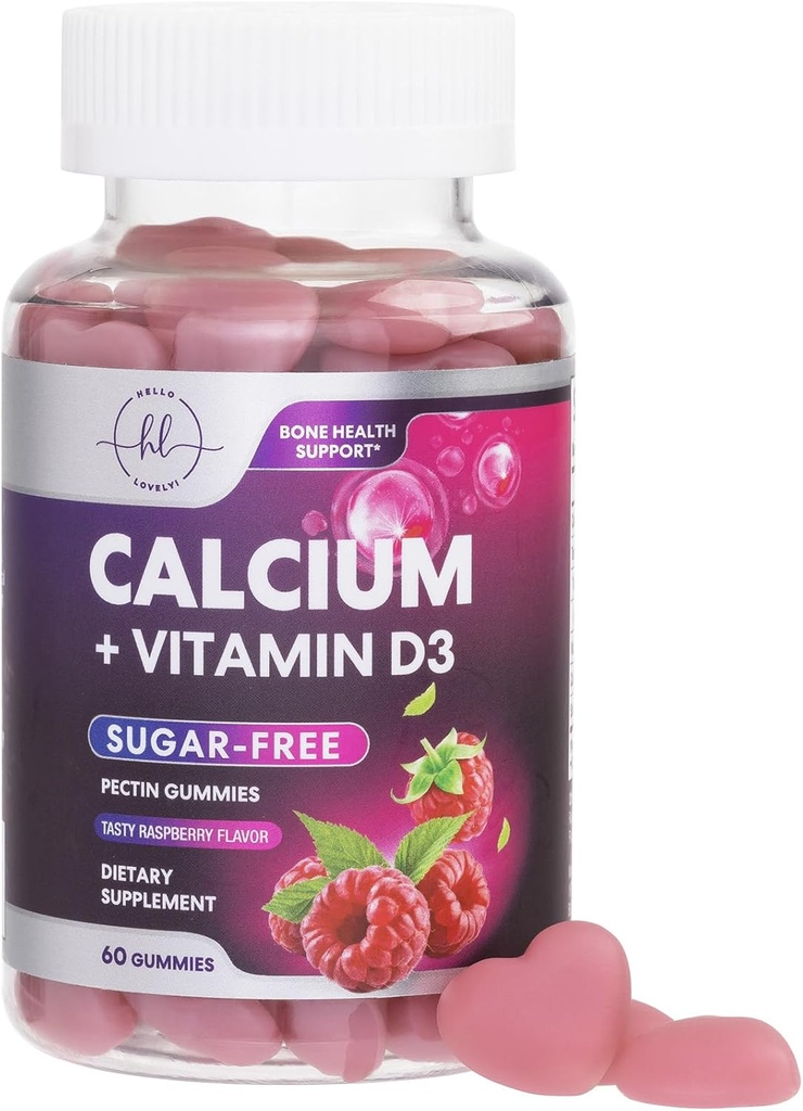 Calciumtilskud til kvinder - Sukker Gratis Calciumgummier med vitamin D3 for ben styrke, tænder og immunforsvar, naturlige tykkelser for kvinder & mænd - Hindbær smag & non- GMO - 60 gummies