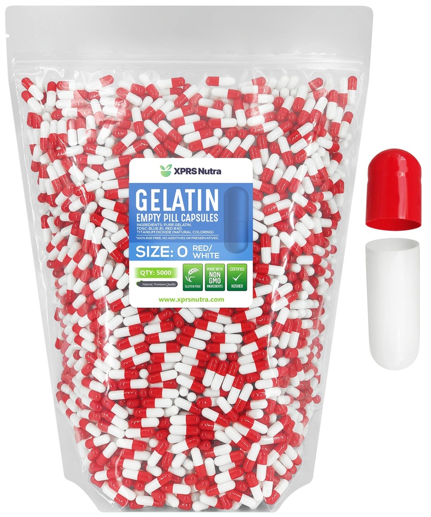 XPRS Nutra Størrelse 0 Tomme kapsler - 5000 Tomme Gelatine kapsler - Piller gør det - Pure Bovin Pille Gel Caps til Do- It- Yourself Kosttilskud (rød / hvid)