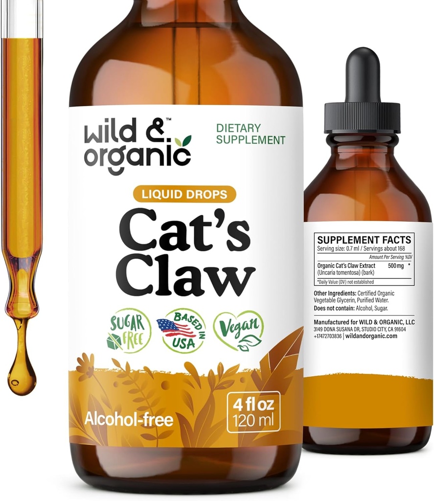 Wild & Organic Cats Claw Tinktur - immunsupport - Katte Claw Herb Liquid Extract - Vegan, Sukker & Alkohol- Gratis Bark baserede drops - 4 fl oz