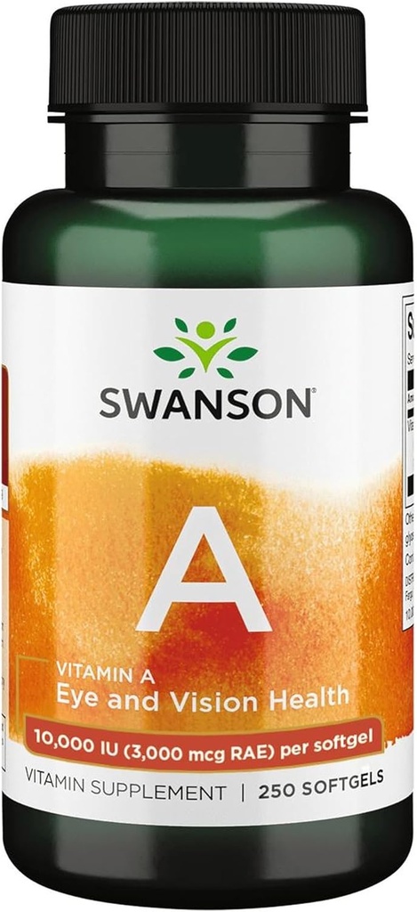Swanson vitamin A 10.000 IE (3.000 mcg RAE) Naturlig nourisation for ben, hudsundhed, Vision Support & Immunsystem Funktion - High Absorption Vitamin A 250 Softgels
