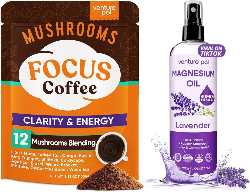 Venture Pal Mushroom kaffe & Magnesium Oil Spray Bundle: 12 i 1 Kaffe med Ashwagandha til Focus & Immunity + Magnesium Oil Spray med Lavender til søvn & Muscle Relief - 40 Servering & 8 oz