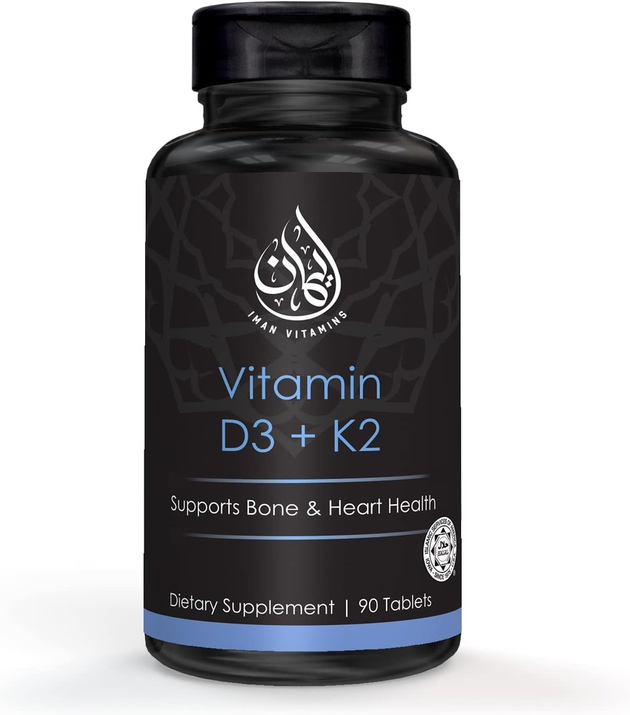 Halal D3-vitamin med K2 tyggetabletter - D-vitamin 2000 iu + Menaquinone- 7 (MK7) - 124; Understøtter hjerte sundhed, knogler, og muskler sundhed; 90 Tæl for mænd og kvinder