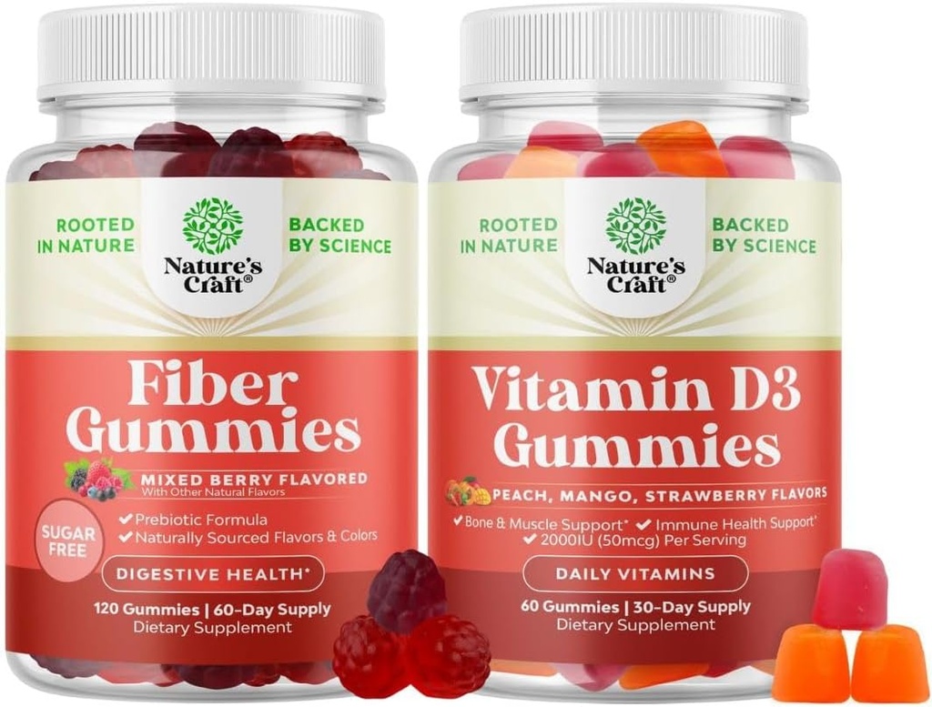 Bundle af fibre gummies for voksne - Chicory Root supplement med Prebiotic for Gut & fordøjelse - Sukker Free & Vegan og vitamin D3 gummies med 2000IE per servering ben muskel & immunforsvar