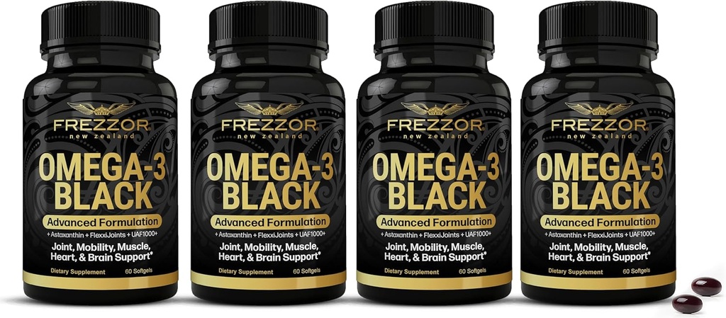 FREZZOR Omega 3 Black - Højeste styrke Green Lipped Mussel Oil Kapsler, Lavet i New Zealand, UAF1000 +, Inflammation, fælles pleje & lindring, hjerte & immunforsvar, 60 greve (pakke med 4)