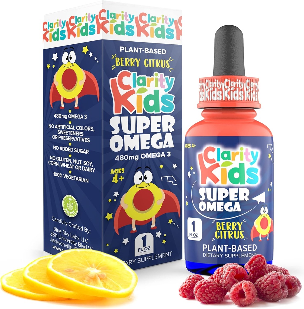 Clarity Kids Super Omega med DHA + EPA Omega 3 for bedre fokus og kvalitet søvn Alger Oil Omega 3 Væske (1 ml pr Servering) Alle naturlige DHA DHA dråber til børn USA Made Supplement (1 fl oz)