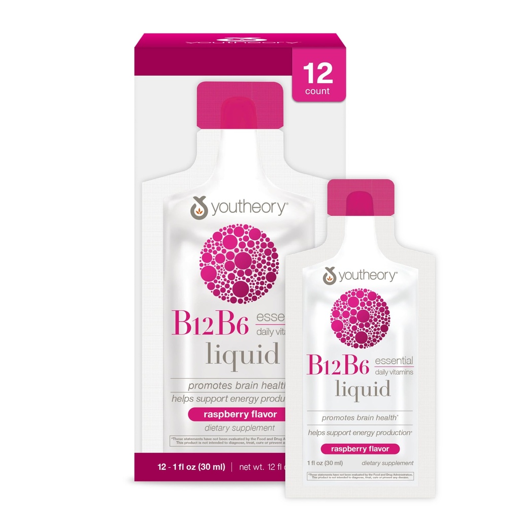 Youtory Vitamin B12 B6, Daily Energy and Brain Support, Flydende Raspberry Flavor, 12 - 1oz enkelt serveringspakker