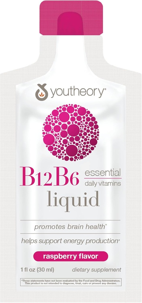 Youtory Vitamin B12 B6, Daily Energy and Brain Support, Flydende Raspberry Flavor, 12 - 1oz enkelt serveringspakker