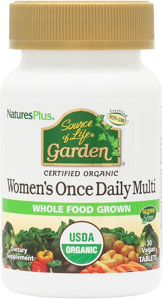Natures Plus Kilde of Life Garden Certified Organic Women 's Once Daily Multivitamin - 30 Veganske tabletter - Pure, Natural Whole Food Ingredients - Energy Boost - Vegetar, Gluten- Free - 30 Servere