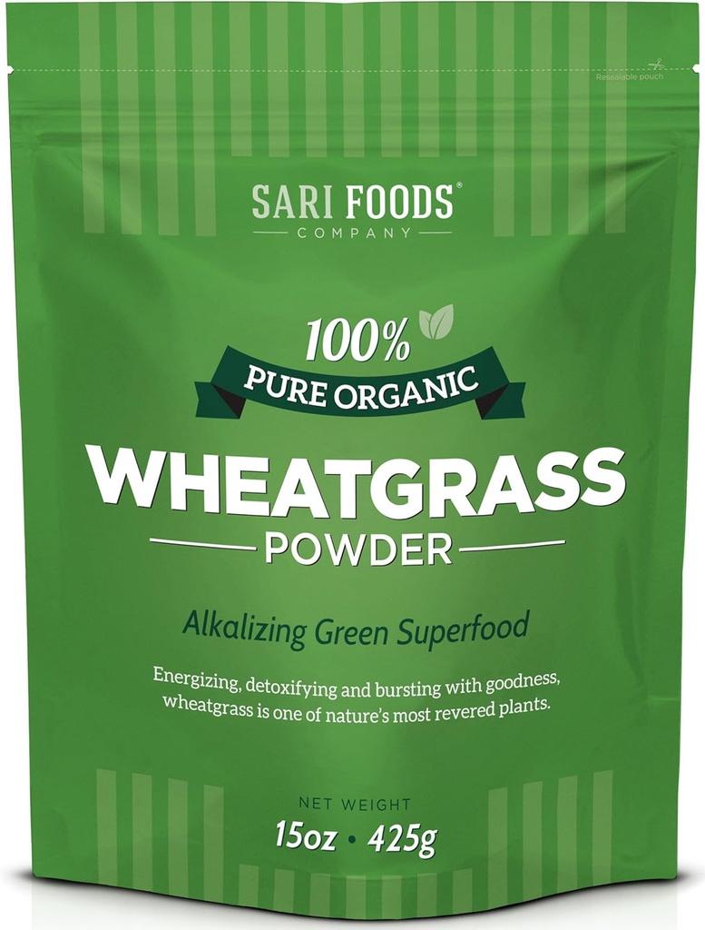 Sari Fødevarer Økologisk Wheatgrass Powder - Hvedegræs Juice Pulver med chlorophyll, Antioxidanter & Vitaminer (15 Ounce)