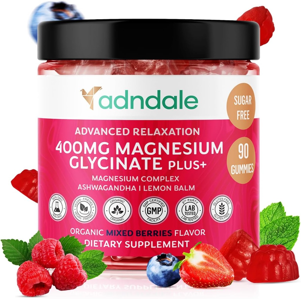 Adndale 90 CT Magnesium Glycinate Gummies 400 mg / Serv med Ashwagandha, Magnesium Malate & Taurate, Sukker Free Chews for Voksne & Børn.