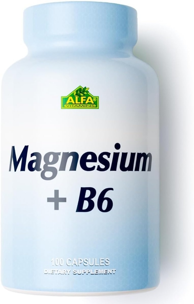 Magnesium Plus B- 6 500 Mg af Alfa Vitaminer - Kardiovaskulær sundhed - Understøtter energiproduktion & r Enzyme funktion - 100 kapsler