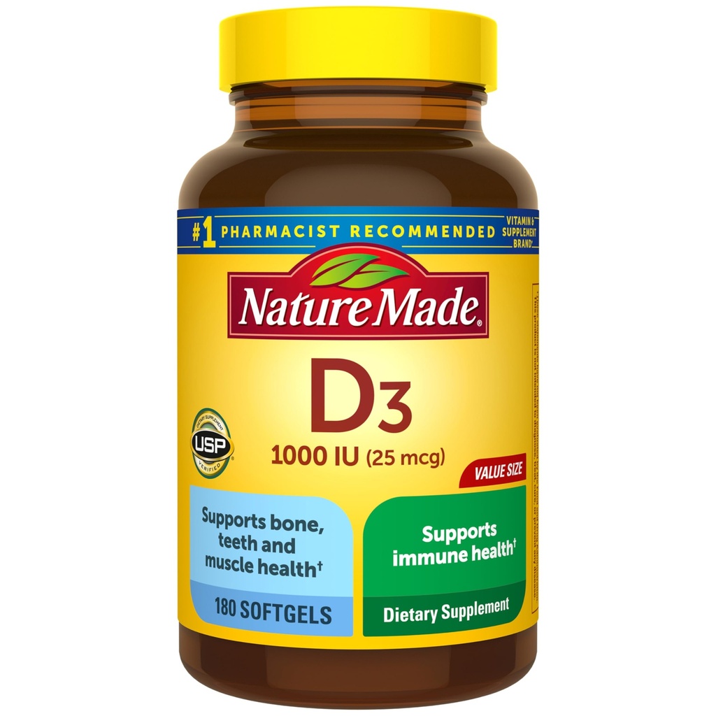 Nature Made Vitamin D3 1000 IE (25 mcg), Vitamin D supplement til ben, tænder, muskel og immunforsvar Support, 180 Softgels, 180 Day Supply