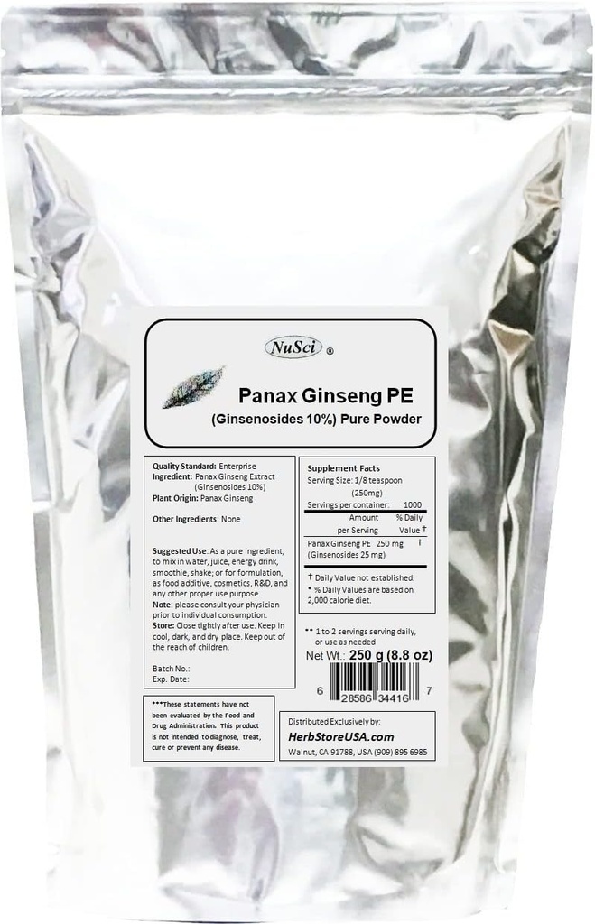 Panax Ginseng Extract Powder, Standardized 10% Ginsenosides, Energy & Vitality (250 Bedste (8.8 oz))