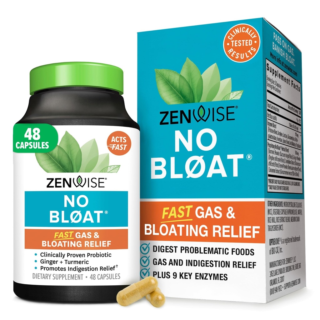Zenvise Health No Bloat fordøjelsesenzymer til Gut Health, Gas & Bloating Relief - Multi Enzymes fordøjelse tillæg med probiotika, Ingefær, gurkemeje Mælkebøtte & Lactase - Mænd & kvinder - 48 Tæl
