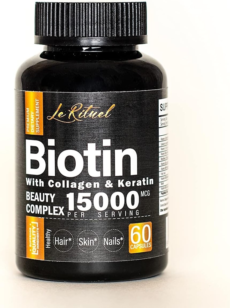 Biotin vitaminer med collagen & Keratin - hårvækst supplement til kvinder & mænd - 15000 mcg piller - Vitamin A, D, B1, B2, B3, B5, B6, B12 Complex - sunde Veganske kapsler - 60 Greve