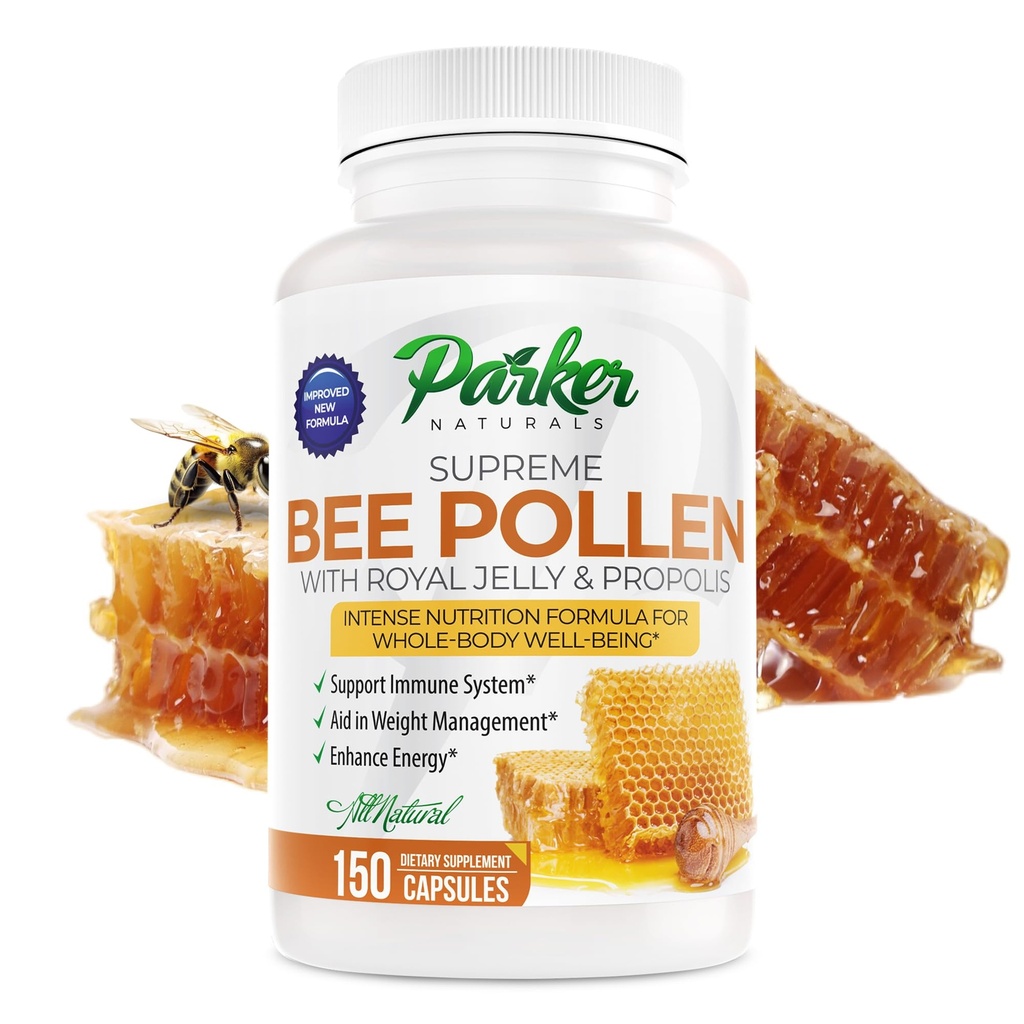 Parker Naturals Supreme Bee Pollen kapsler, 3520 mg Royal Jelly, Bee Pollen, og Bee Propolis kapsler, Natural Bee Pollen supplement til voksne, 150 kapsler