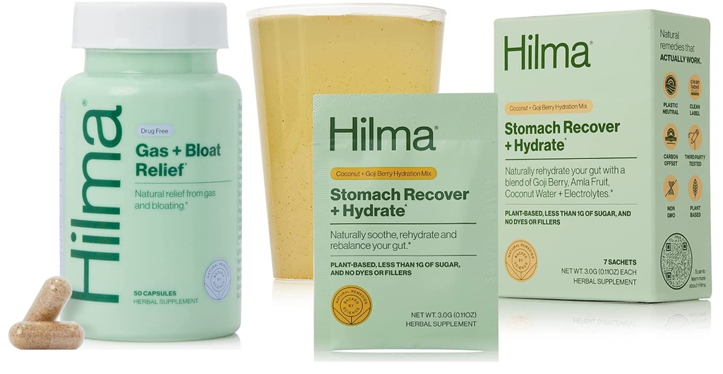 Hilma Natural Gas & Bloating Relief and Stomach Recover + Hydrate - Organic Electrolyte Powder med Prebiotika og Gastrobeskyttende urter Bundle