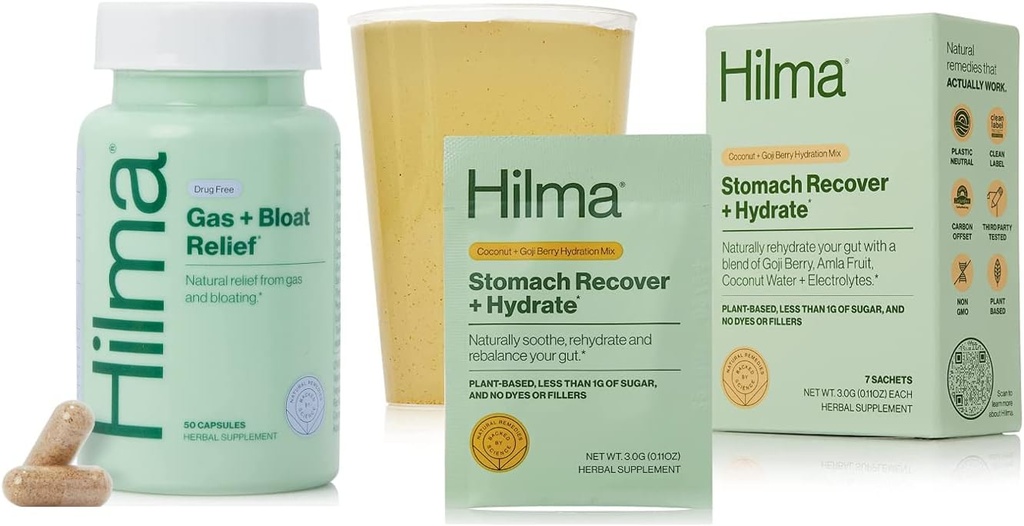 Hilma Natural Gas & Bloating Relief and Stomach Recover + Hydrate - Organic Electrolyte Powder with Prebiotics and Gastroprotective Herbs Bundle