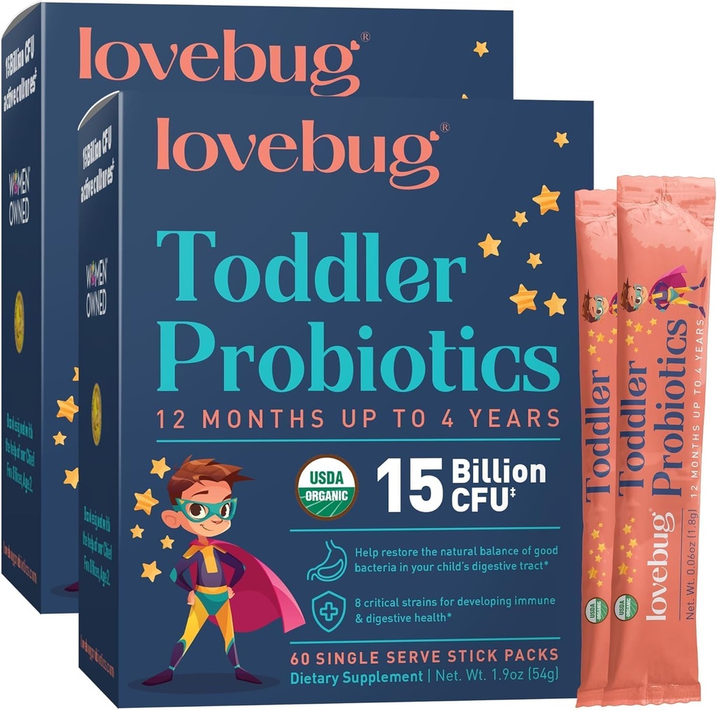 LOVEBUG kids Probiotisk pulver med Prebiotic Fiber - Toddler Immunity Support & Forstoppelse Relief - USDA Organic Probiotika til Childrens Gut & fordøjelsessygdomme (Age 1-4) - 60 Pack (Ikke aromatiseret)