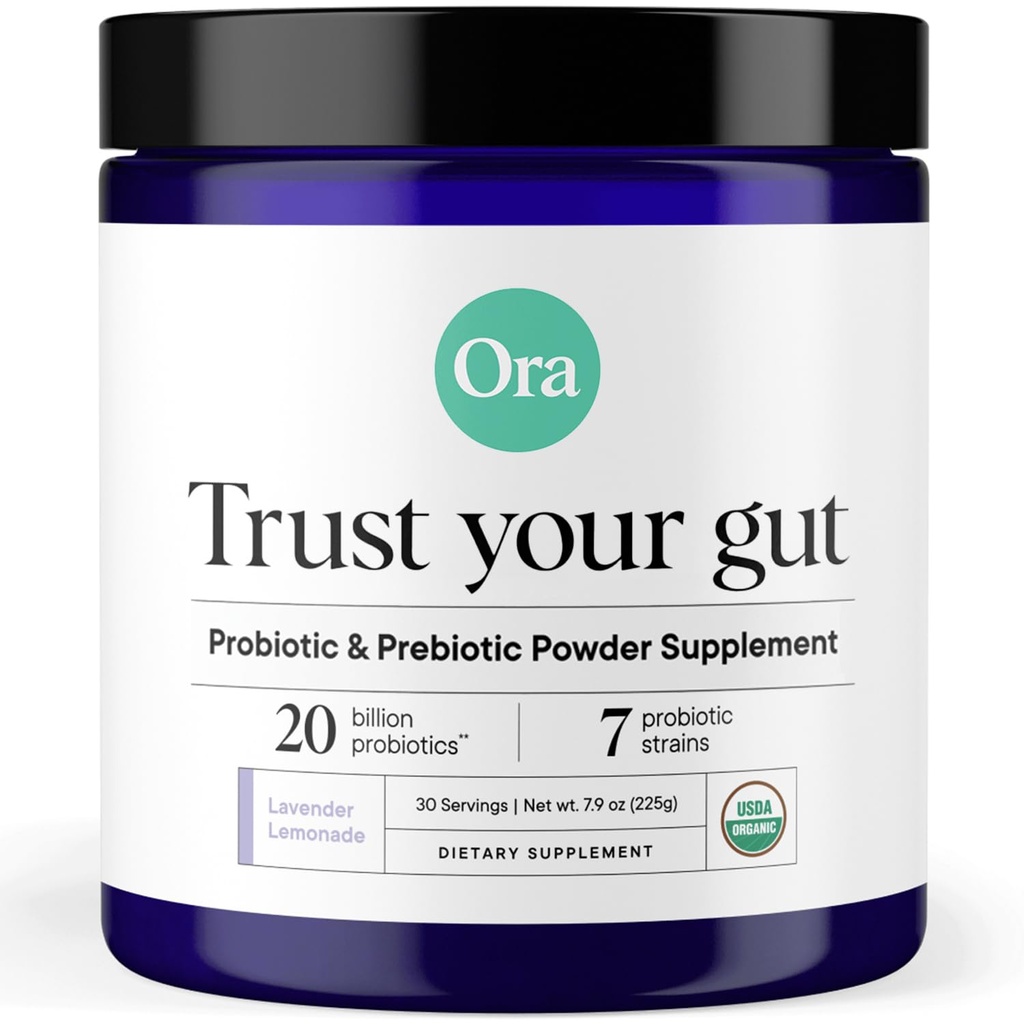 Ora Organic Prebiotic and Probiotic Powder Supplement - 20 Millioner Probiotika, 7 Stammer til bedste Prebiotic Powder, Non- GMO, Probiotika til kvinder, Mænd & Børn - Lavendel Lemonade Flavor, 30 Servering