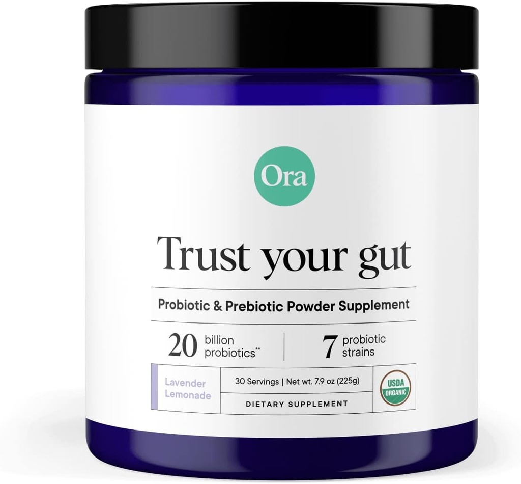 Ora Organic Prebiotic and Probiotic Powder Supplement - 20 Millioner Probiotika, 7 Stammer til bedste Prebiotic Powder, Non- GMO, Probiotika til kvinder, Mænd & Børn - Lavendel Lemonade Flavor, 30 Servering