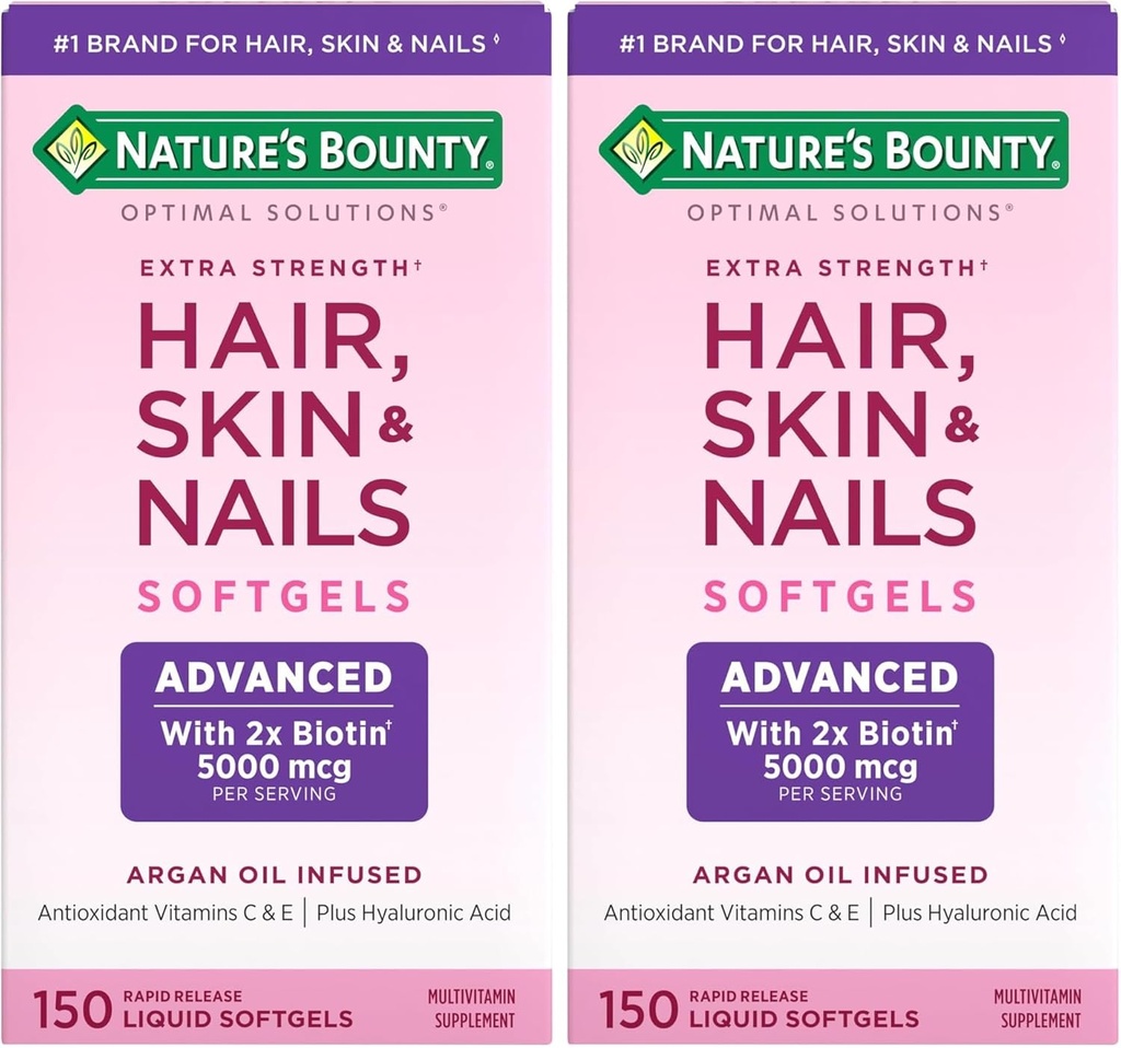 Nature 's Bounty Advanced Hår, Skin & Nails, Argan- Infunded Vitamin Supplement med Biotin og Hyaluronsyre, 150 Rapid Release Softels (pakke med 2)