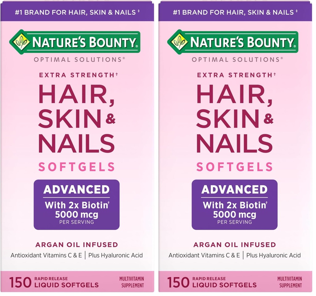 Nature 's Bounty Advanced Hår, Skin & Nails, Argan- Infunded Vitamin Supplement med Biotin og Hyaluronsyre, 150 Rapid Release Softels (pakke med 2)