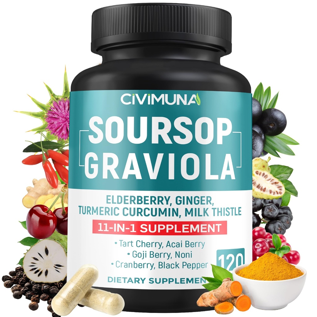 Soursop Graviola Kapsler med Elderberry, Gurkemeje, Ingefær, Mælk Tistle, Tart Cherry og mere - 120 Kapsler til 4 Måneders Tilgang