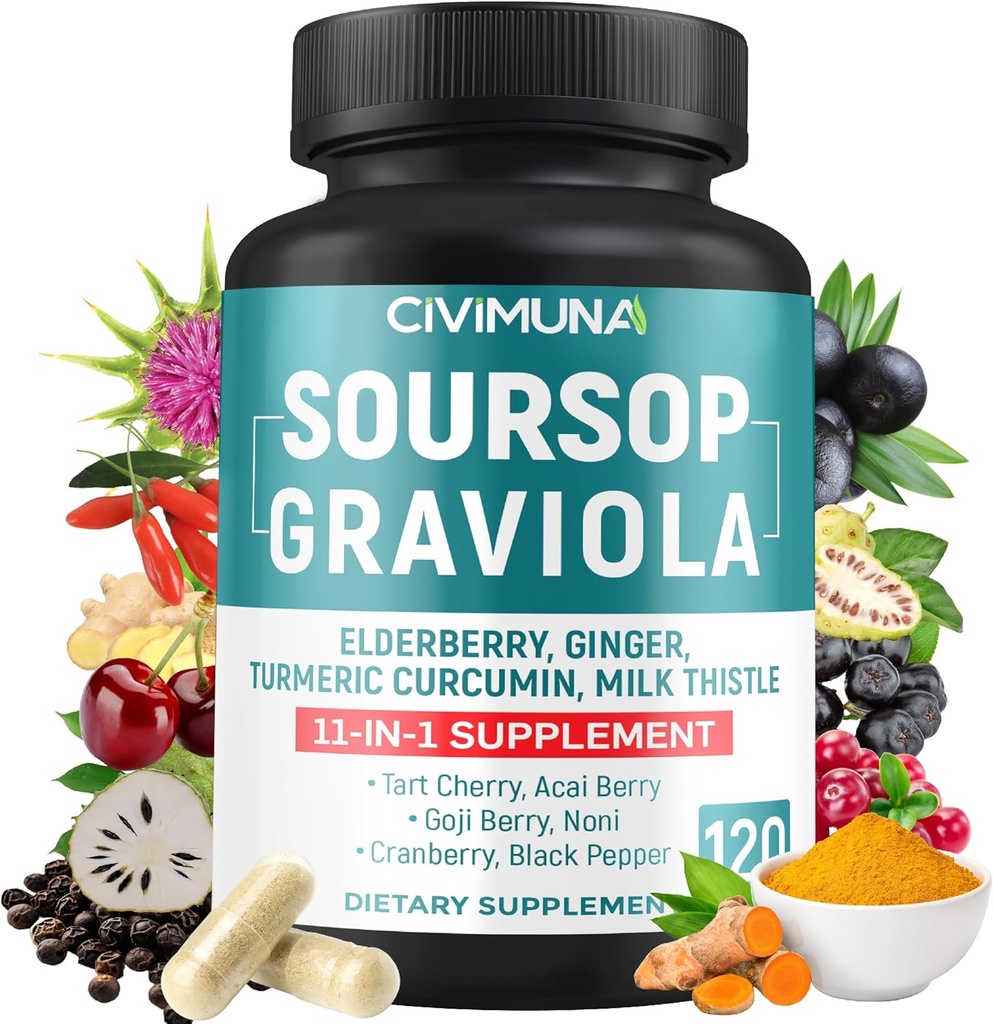 Soursop Graviola Kapsler med Elderberry, Gurkemeje, Ingefær, Mælk Tistle, Tart Cherry og mere - 120 Kapsler til 4 Måneders Tilgang