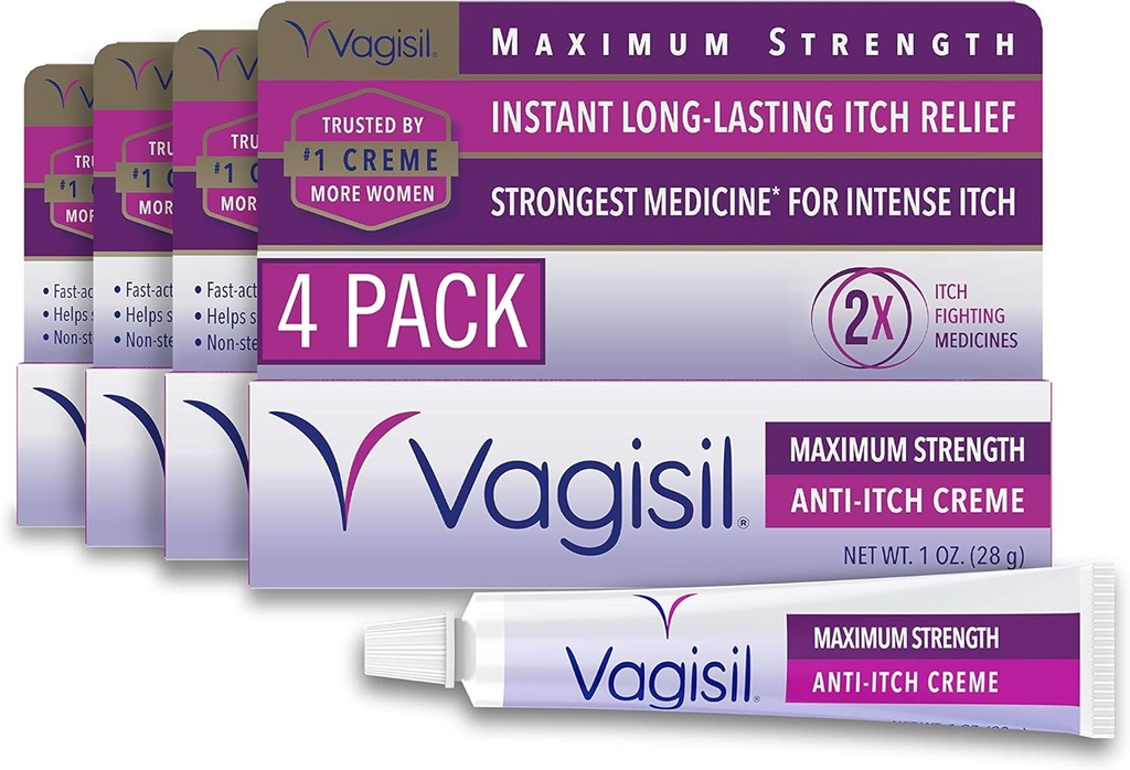 Vagisil Maksimal styrke Feminin Anti- Itch Cream med Benzocain til kvinder, Hjælper Relieve Gær Infektion Irritation, gynækolog Testet, Fastvirkende, Sodes og kølerhud, 1 oz (pakke med 4)